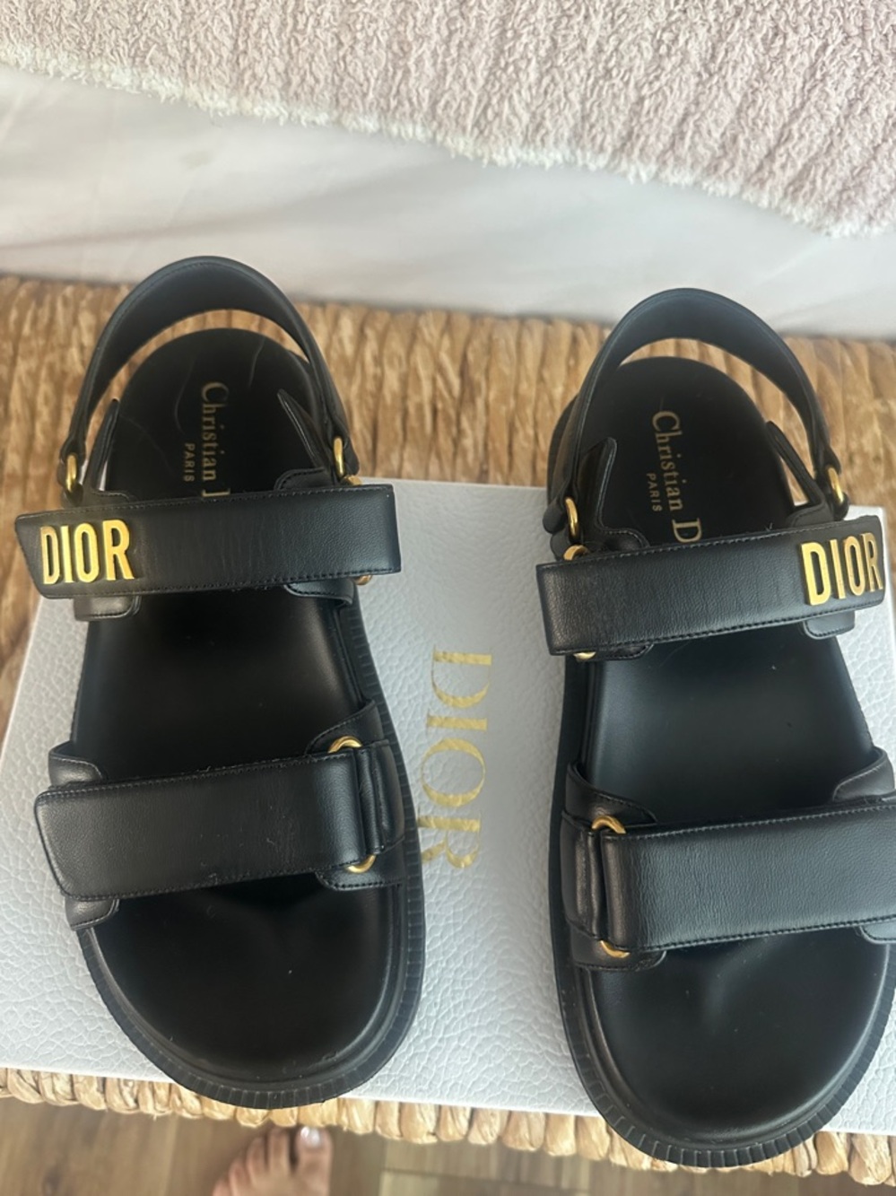 Dior Black Leather Sandals with Gold DIOR Lettering